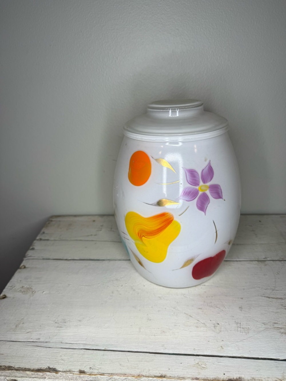 Vtg Bartlett Collins GAY FAD Glass Cookie Jar Collins Frosted White Fruit Design
